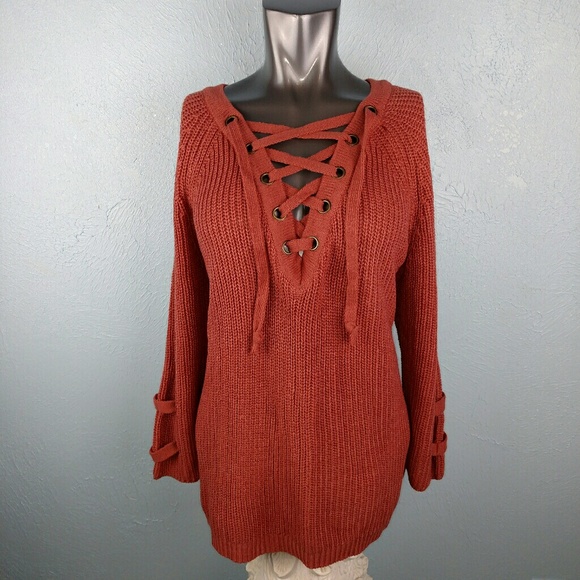 Miracle Boutique Sweaters - Miracle lace up chunky sweater rust burnt orange
